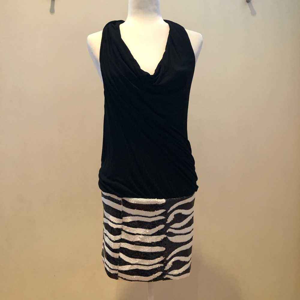 NWT Bebe Cowl Nk Halter Dress W/Zebra Sequins M